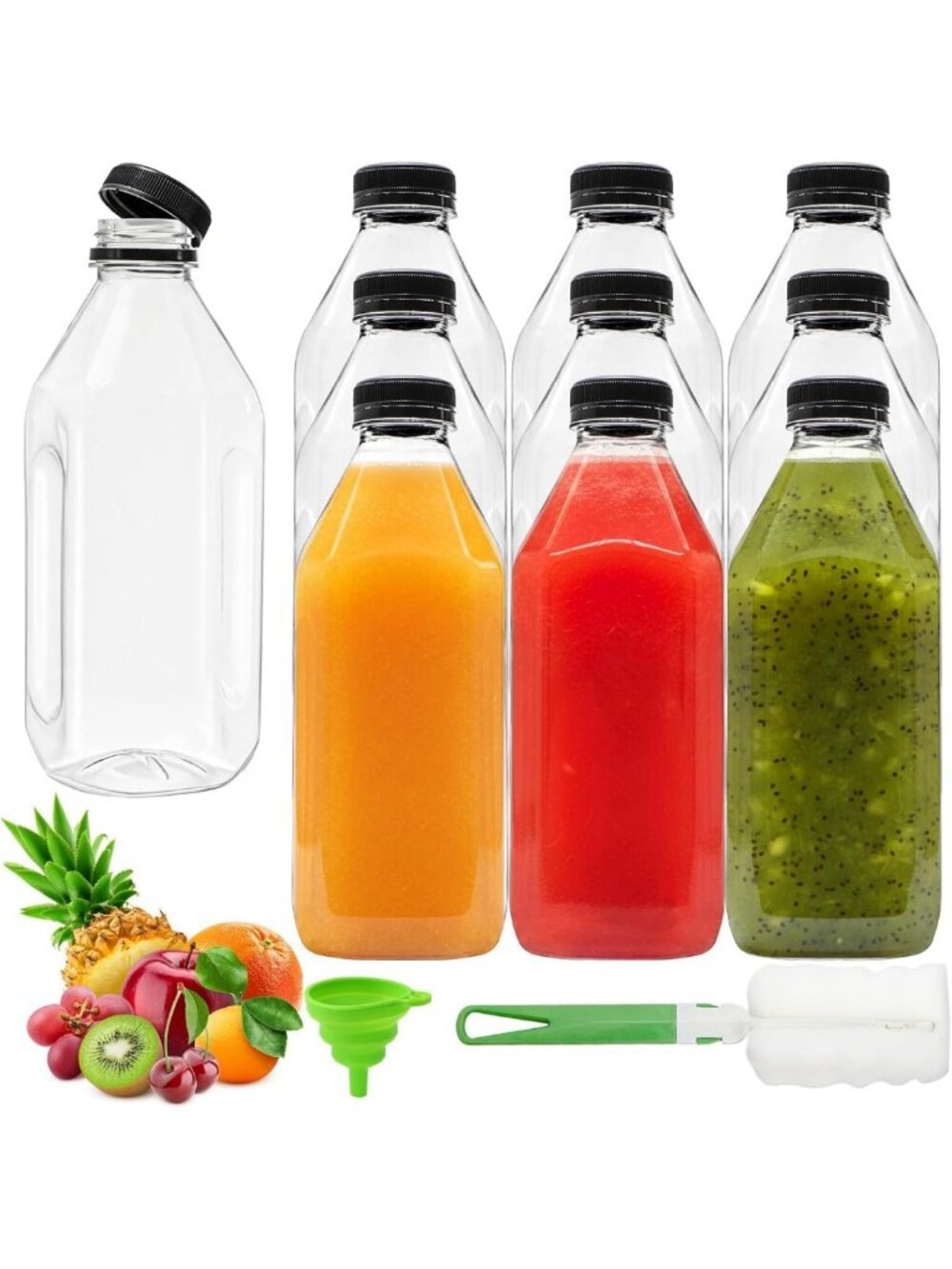 10 Pack 33 Oz Clear Plastic Juice Bottles with Caps - Reusable Drink Containers